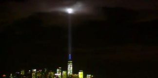 Light beamed into the sky in New York City on Friday night to commemorate the 14th anniversary of the September 11 terror attacks. (Via AP)