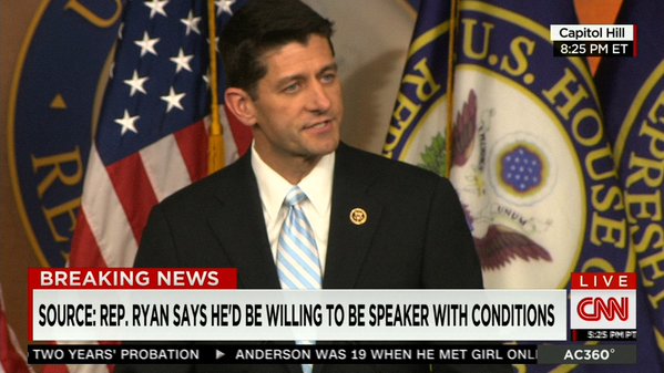 Paul Ryan will run for Speaker of the house he said today on Capitol Hill if three conditions are met..