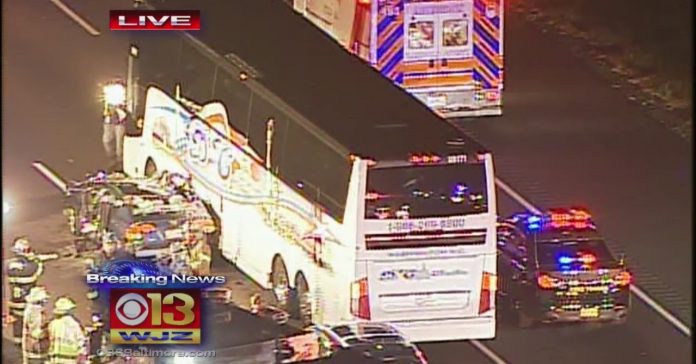 BALTIMORE -- Several people were injured when a tour bus crashed in Harford County, Maryland.