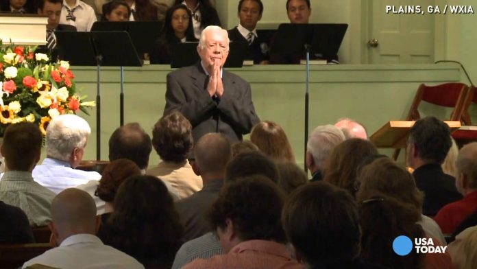 Former President Jimmy Carter teaches Sunday School class at Maranatha Baptist Church in Plains on Sunday, Aug. 23, 2015.