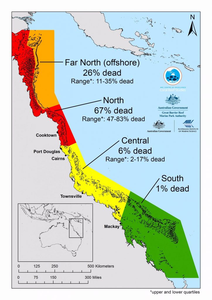 The map, detailing coral loss on Great Barrier Reef, shows how mortality varies enormously from north to south. Handout courtesy of ARC Centre of Excellence for Coral Reef Studies.
