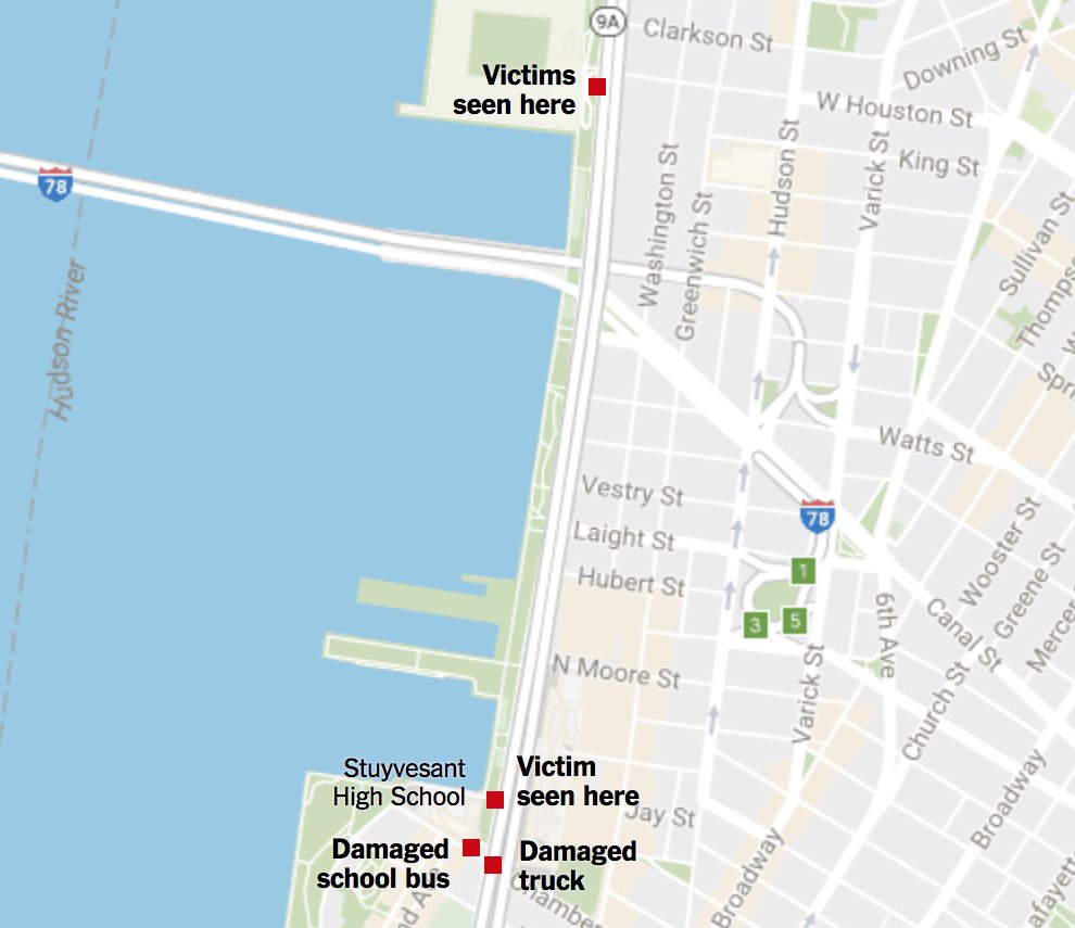 Victims could be seen along more than 15 blocks after a man drove down a bike path in Lower Manhattan - (Graphic via The New York Times)