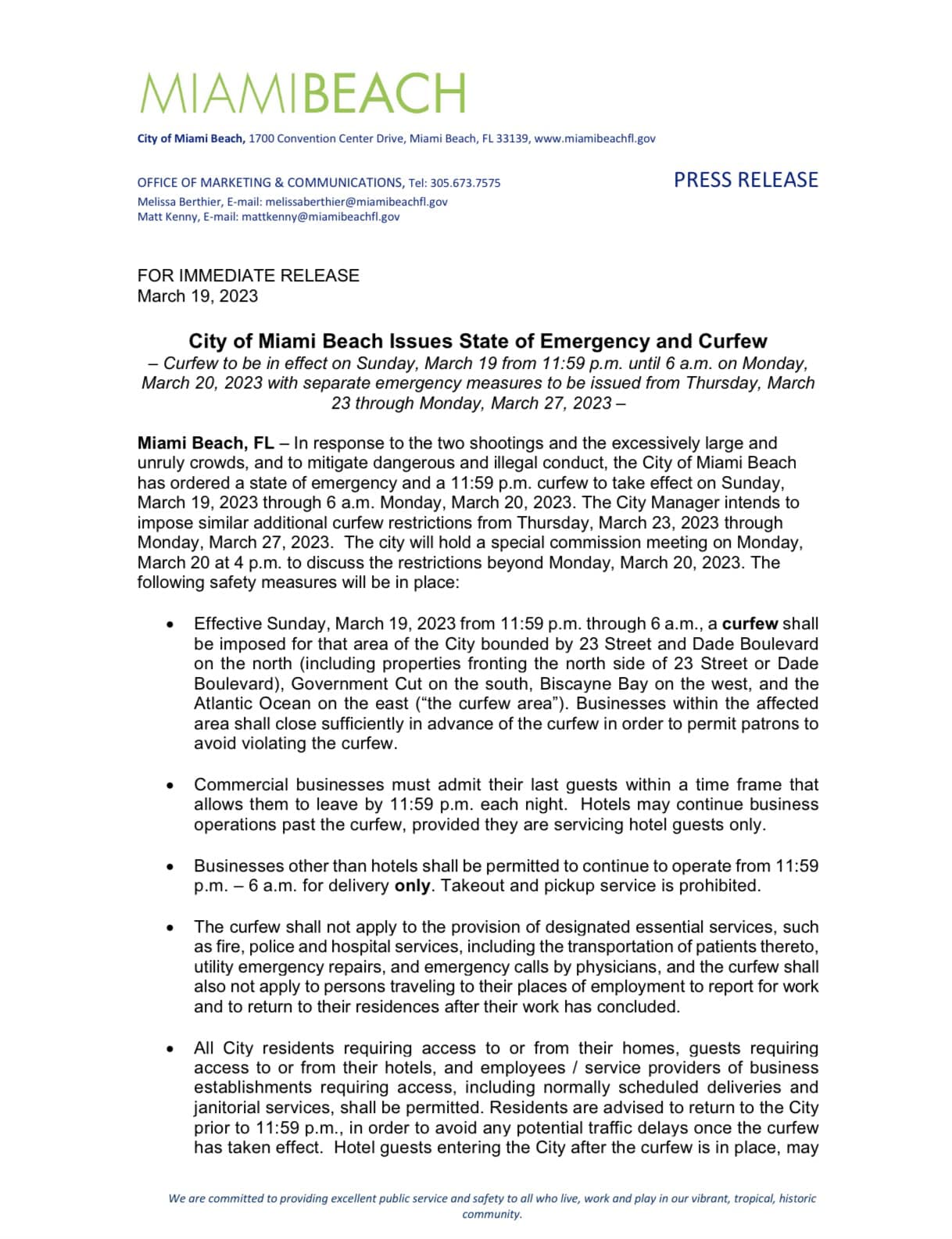 City of Miami Beach Declares State of Emergency, Implements Curfew