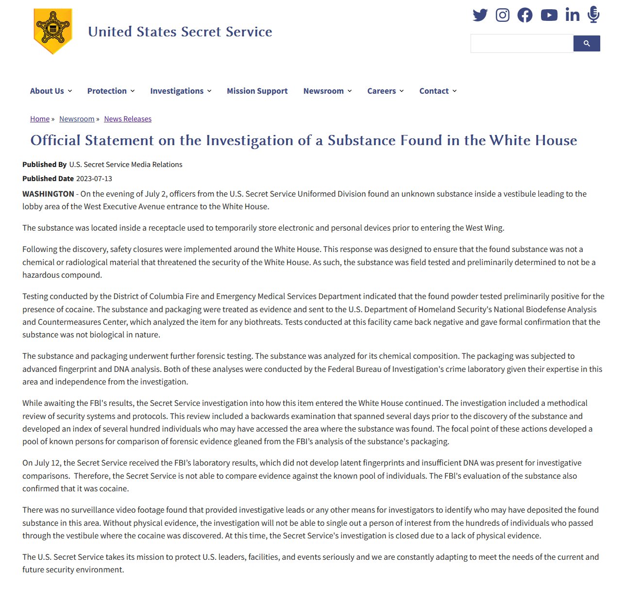 White House Cocaine | Secret Service Ends Investigation