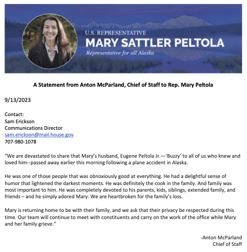 Husband of Alaska Rep. Mary Peltola Dies In Plane Crash